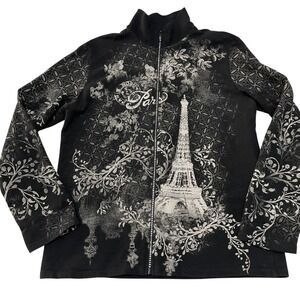 VTG Y2K Jess & Jane Women's Paris Eiffel Tower AOP Graphic Full Zip Jacket Large